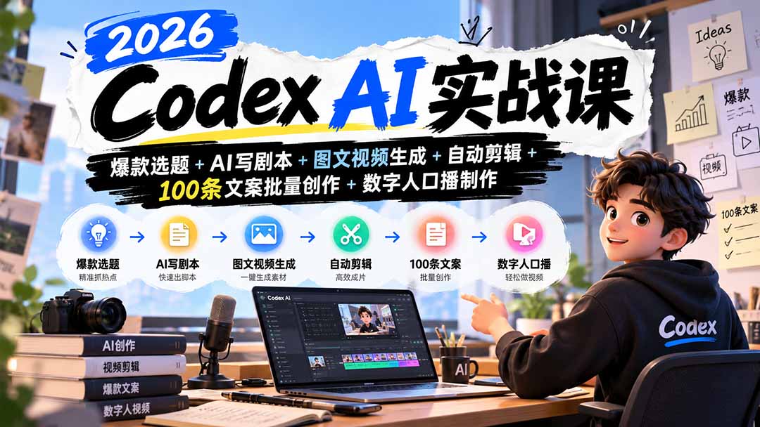 2026Codex AI实战课：爆款选题+AI写剧本+图文视频生成+自动剪辑+100条文案批量创作+数字人口播制作-橙心云网创