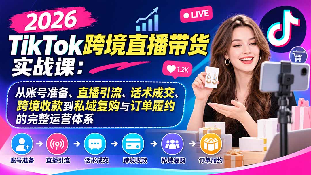 2026TikTok跨境直播带货实战课：从账号准备、直播引流、话术成交、跨境收款到私域复购与订单履约的完整运营体系-橙心云网创