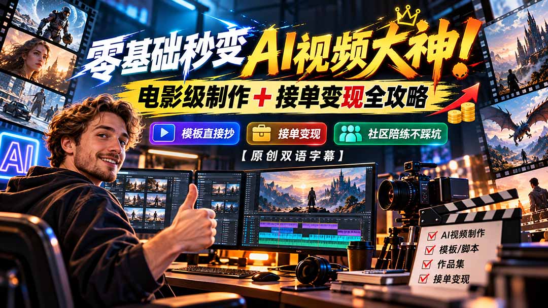 零基础秒变AI视频大神！电影级制作 + 接单变现全攻略，模板直接抄，社区陪练不踩坑【原创双语字幕】-橙心云网创